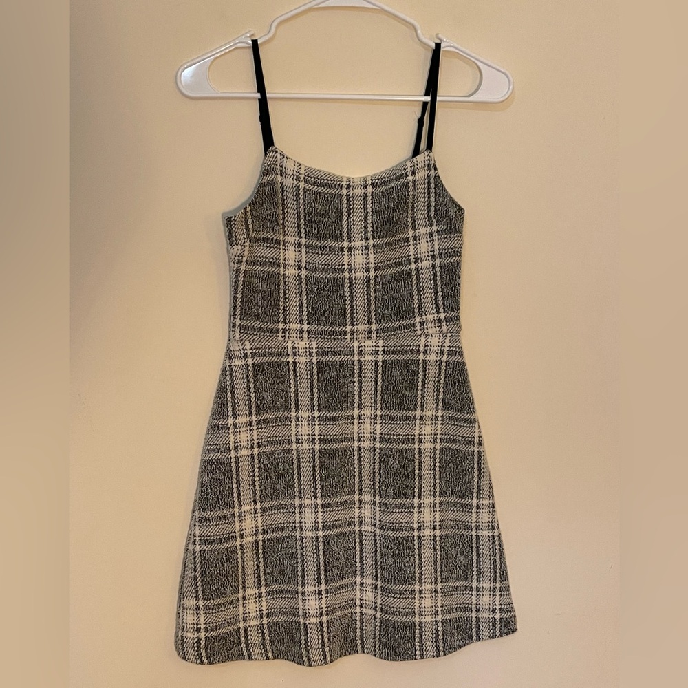 Urban Outfitters Cher Straight-Neck Plaid Mini Dress gray white black plaid
